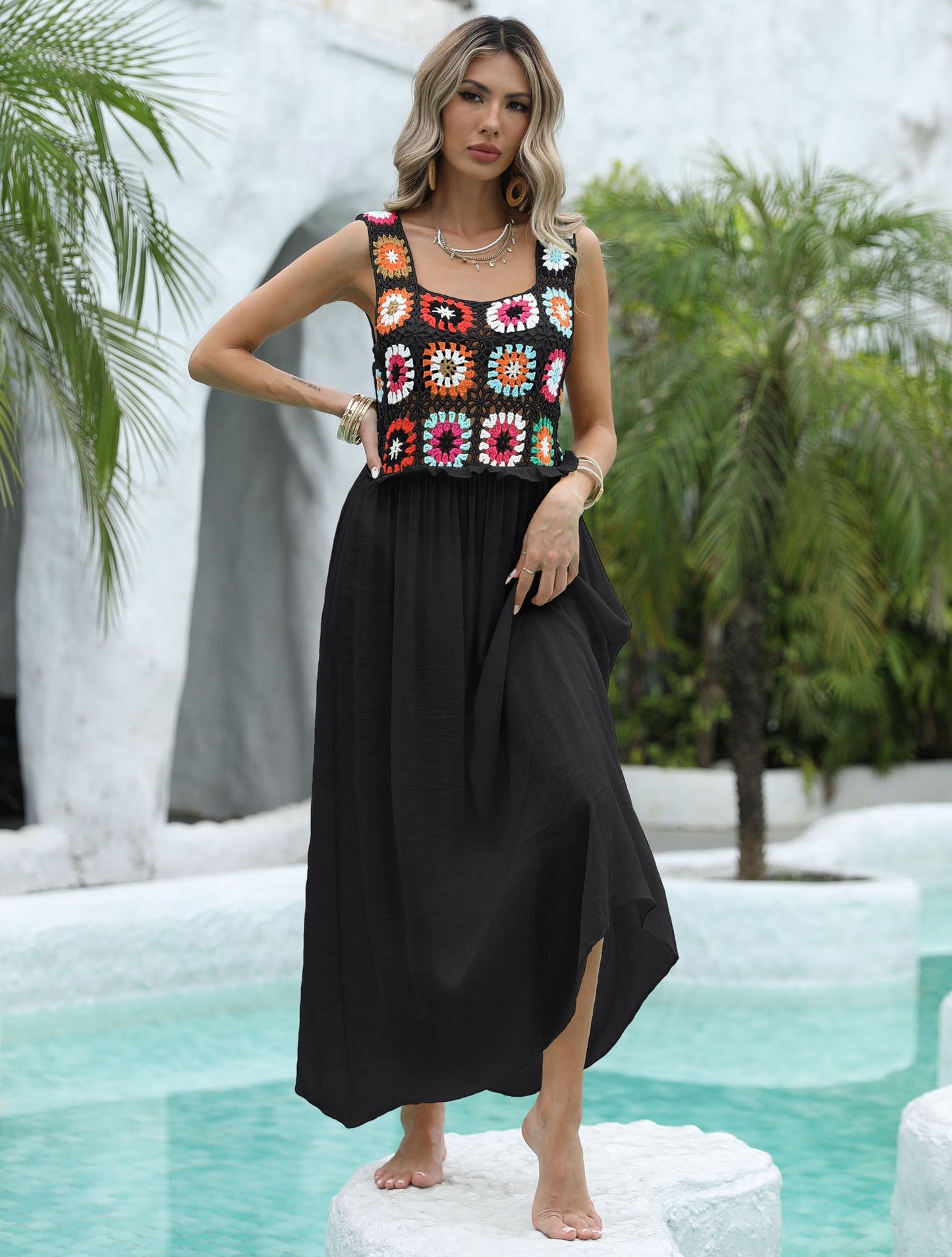 Blouse Women Clothing Color Random Crochet Stitching Slubbed Fabric Wooden Ear Dress Beach Dress