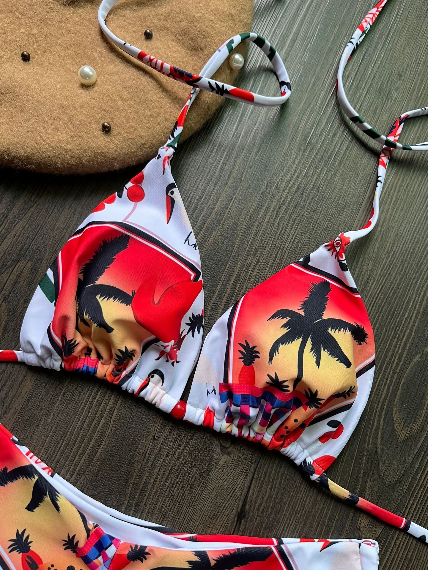 Swimsuit Women Printed Triangle Bikini Lace Up Three Point Bikini Swimsuit