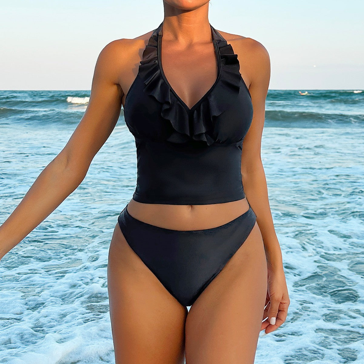 Tankini Solid Color V neck Lace up Sexy Split Bikini Swimsuit Women Swimwear