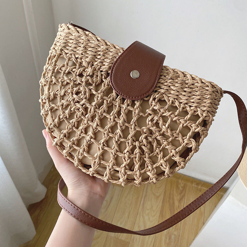 Fresh Hollow Out Cutout Semicircle Straw Bag Shoulder Crossbody Casual Straw Bag Woven Bag Vacation Beach Bag