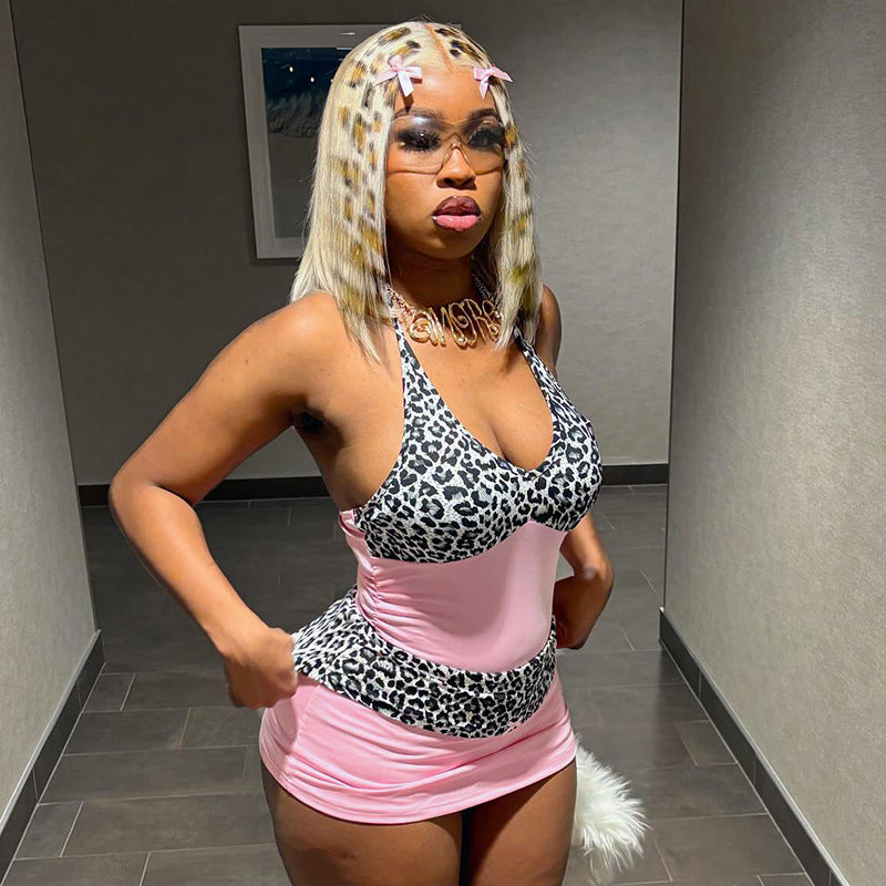 Women Clothing Spring Summer Lace up Halter Deep V Plunge neck Leopard Print Stitching Pleated Sheath Dress