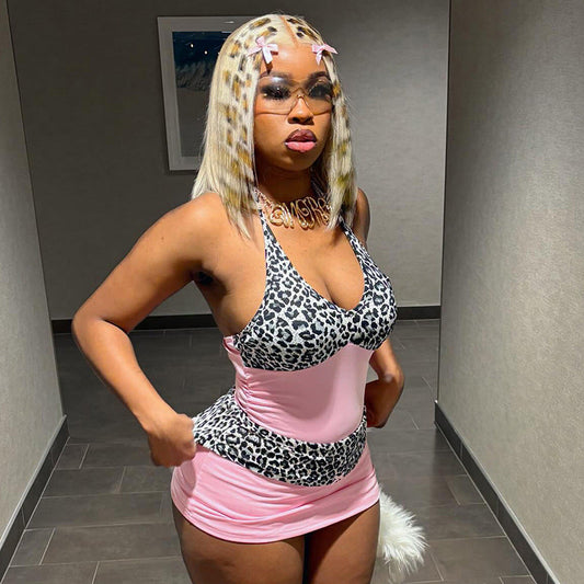 Women Clothing Spring Summer Lace up Halter Deep V Plunge neck Leopard Print Stitching Pleated Sheath Dress