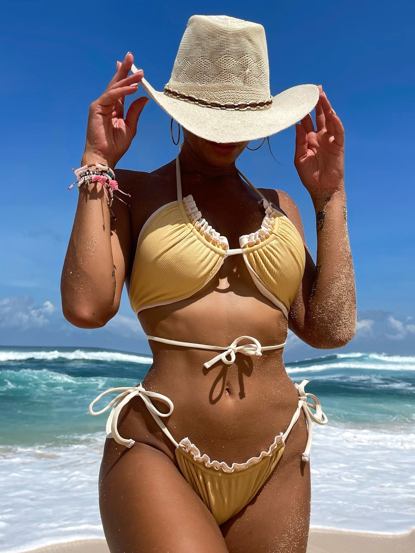 Small Sunken Stripe Sexy Bikini Lace Adjustable Horizontal Triangle Bag Swimsuit