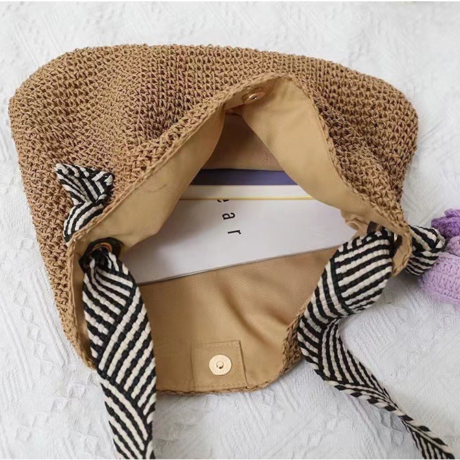 Bag Striped Wide Ribbon Shoulder Straw Bag Woven Bag Vacation Beach Bag