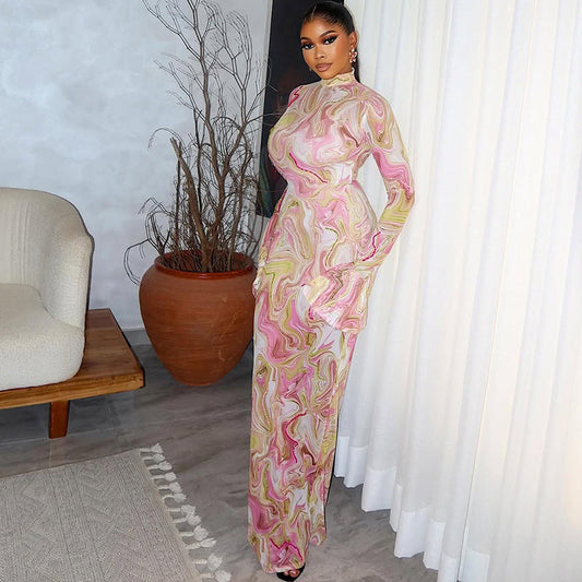 Slim Fit Slimming Women Printed Hip Home Comfortable Stand Collar Long Sleeve Length Dress