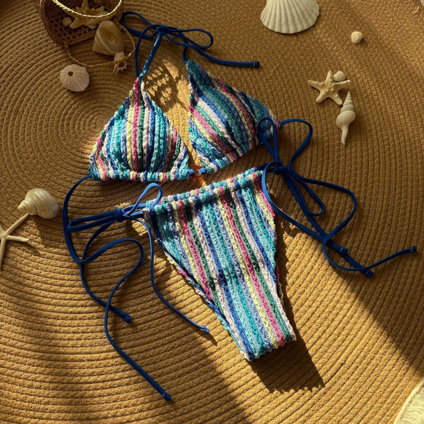 Contrasting Color Jacquard Sexy Drawstring Tied Swimsuit Bikini