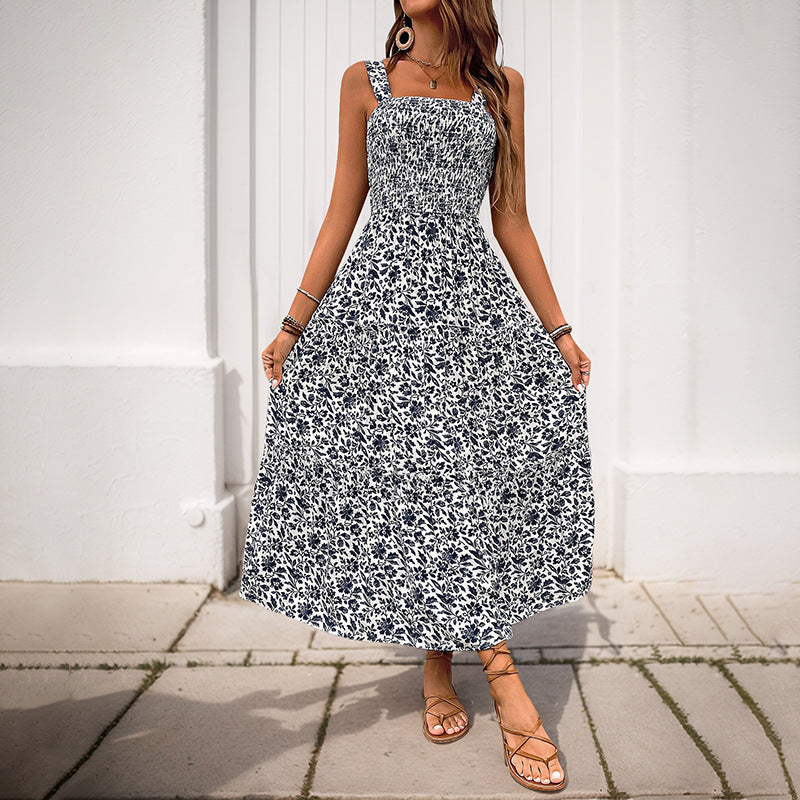 Summer Printed Suspender Sweet Floral Backless Dress