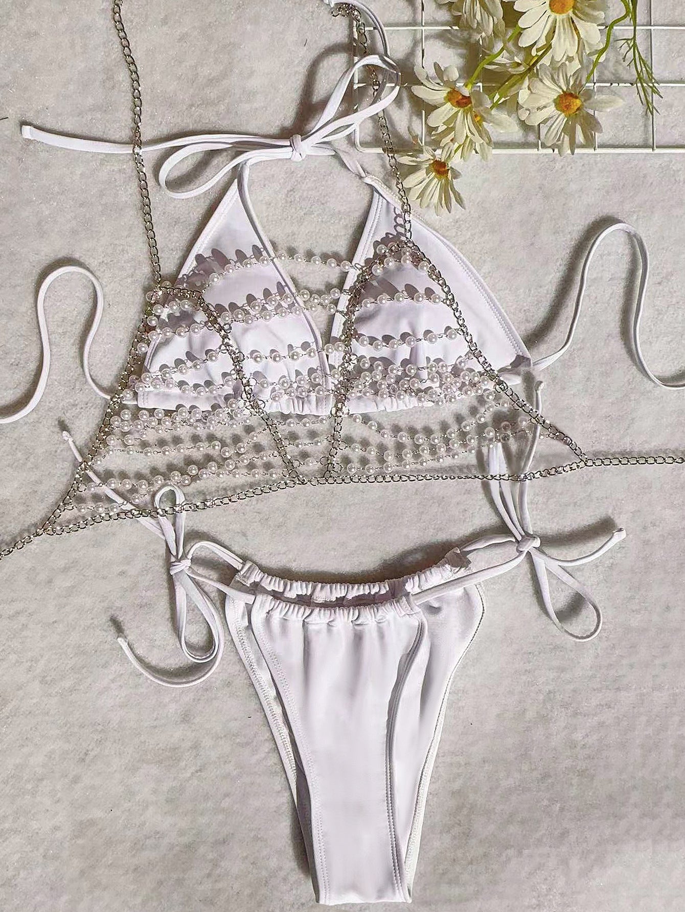 Sexy Pearl Chain Bandage Swimsuit Women Split Three Piece Bikini
