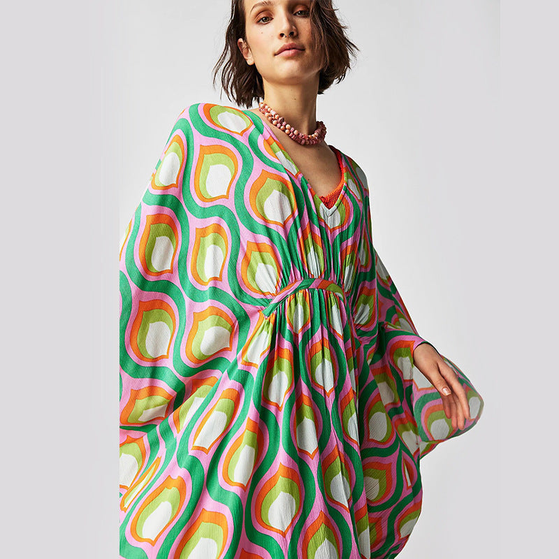 Summer Beach Dress Women Casual Vacation Printed Pullover Bikini Swimsuit Blouse Sun Protection Clothing