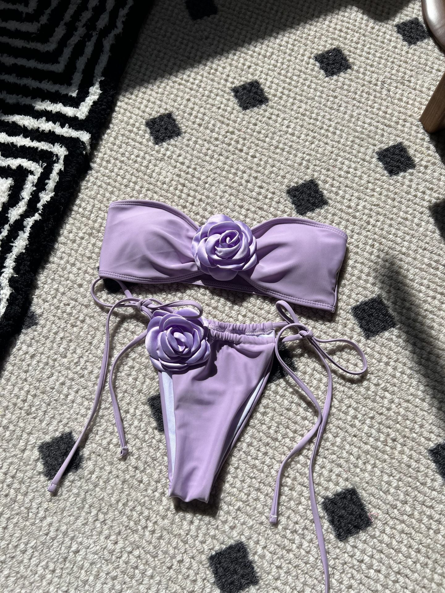 Solid Color Rose Tube Top Drawstring Strap Split Swimsuit Bikini