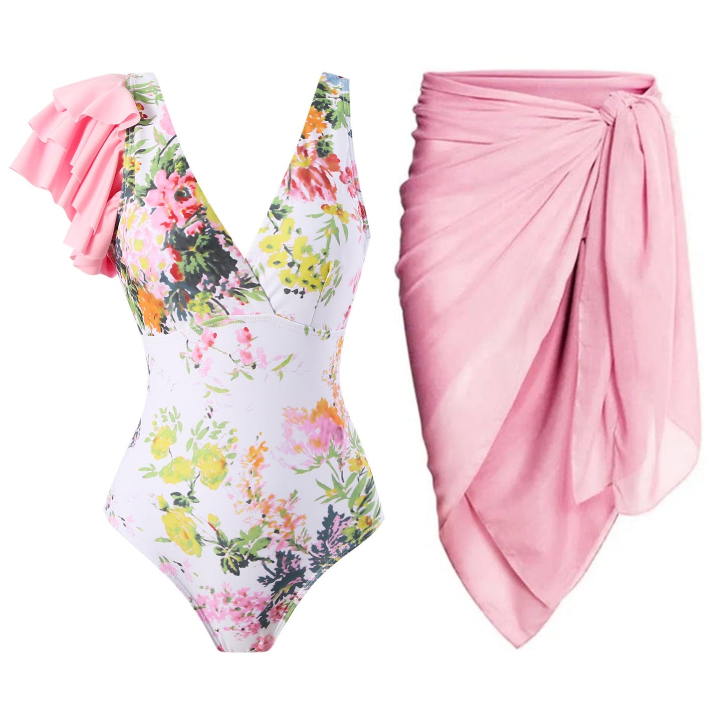 Ruffled One Piece Swimsuit Women Retro Swimsuit Bikini Mesh Beach Skirt Set