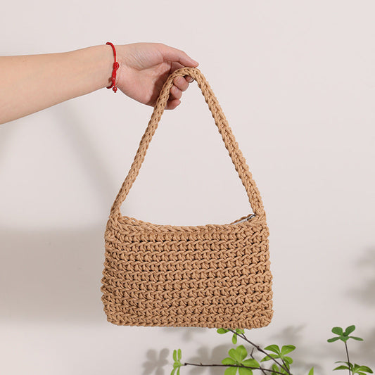 Sac à bandoulière en fil de coton tissé pour femme, sac carré frais, sac en paille, couleur unie, sac de bureau 