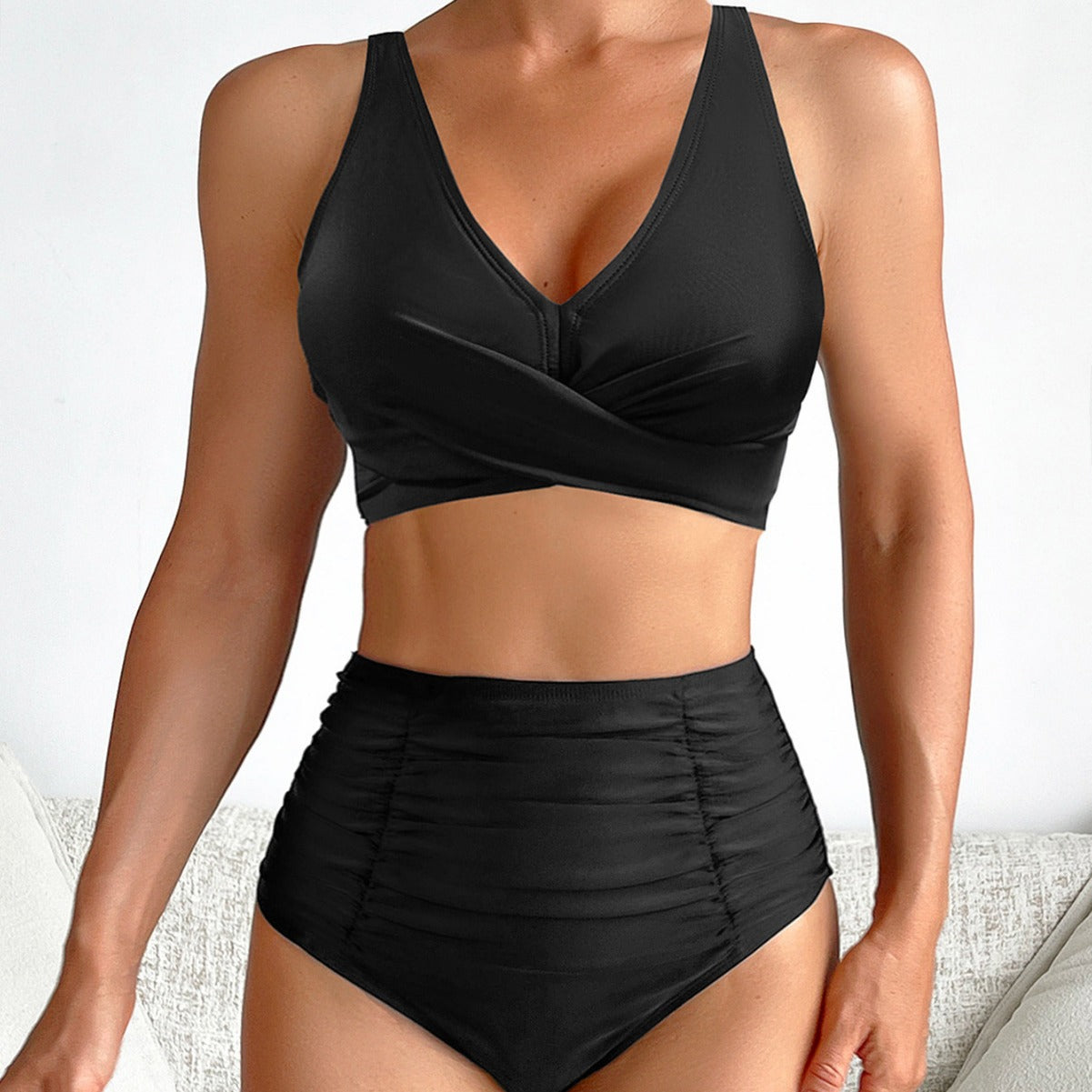 Bikini Solid Color Wrinkle High Waist Sexy Bikini Split Swimsuit Swimwear