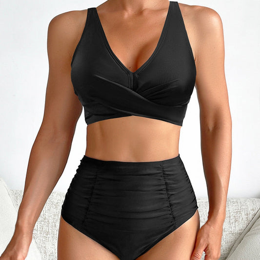 Bikini Solid Color Wrinkle High Waist Sexy Bikini Split Swimsuit Swimwear