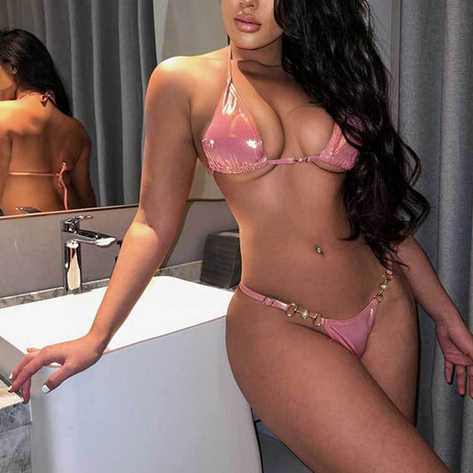 Swimsuit Split Swimsuit Pink Bronze Halter Lace up Sexy Backless Swimsuit Bikini