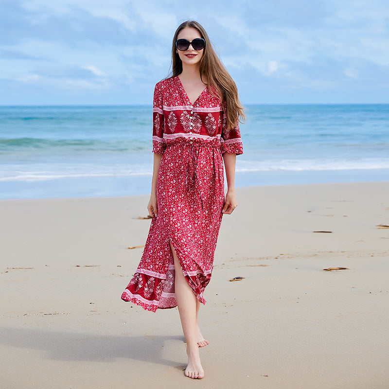 Plus Size Bohemian V neck Seaside Holiday Large Swing Drses Women Floral Breasted Dress Hem Slit Dress