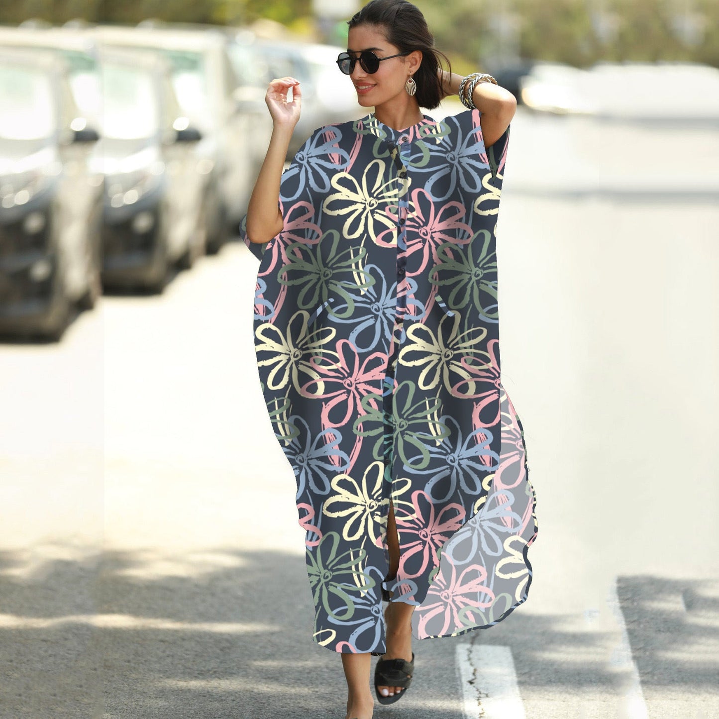 Beach Cover-up Elastic Printing Oversized Button Vacation Robe