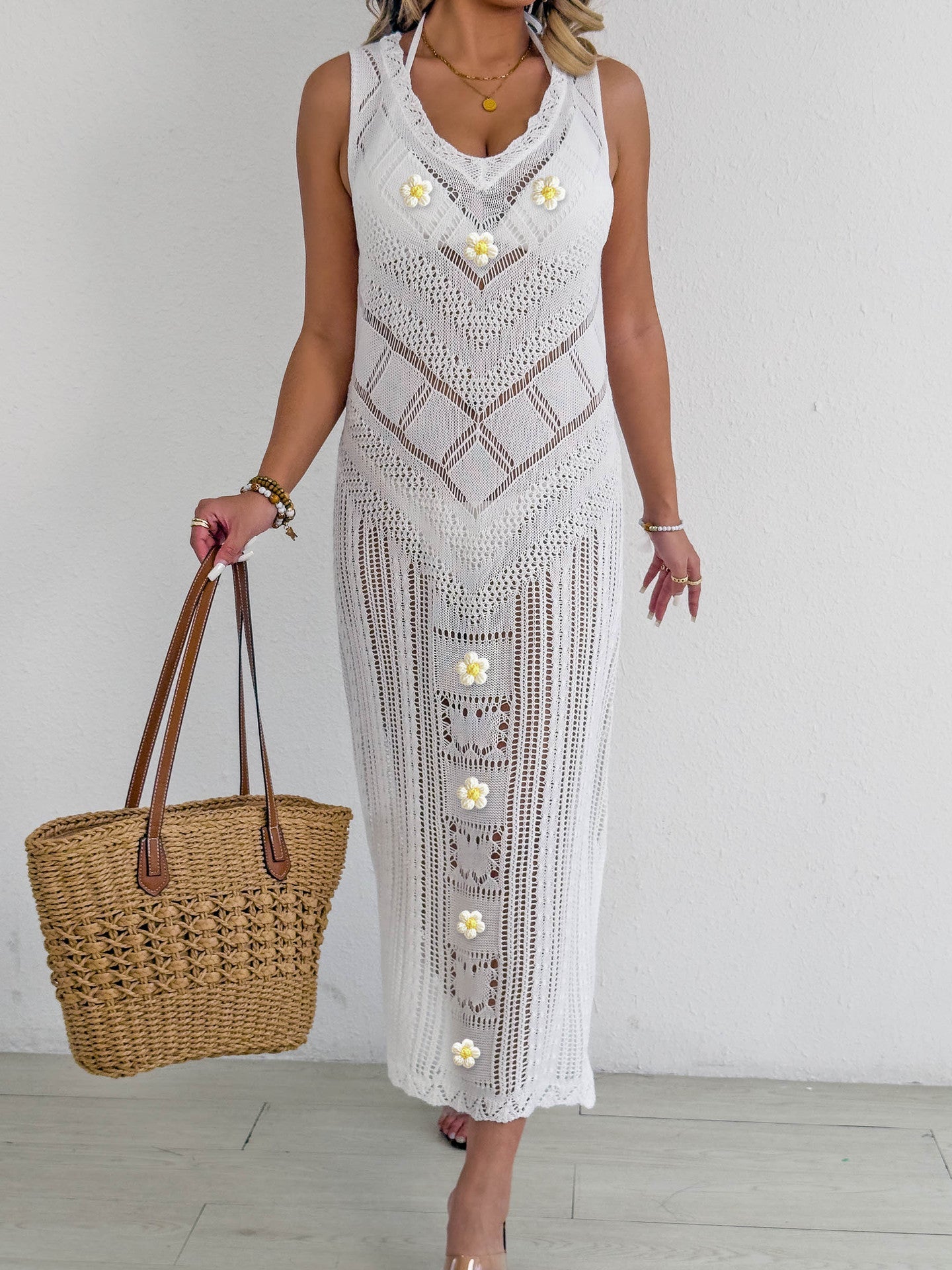 Beach Beach Cover Up Women Sexy Cutout Woven Shirt Vest Dress Hand Crocheted Stitching Holiday Dress