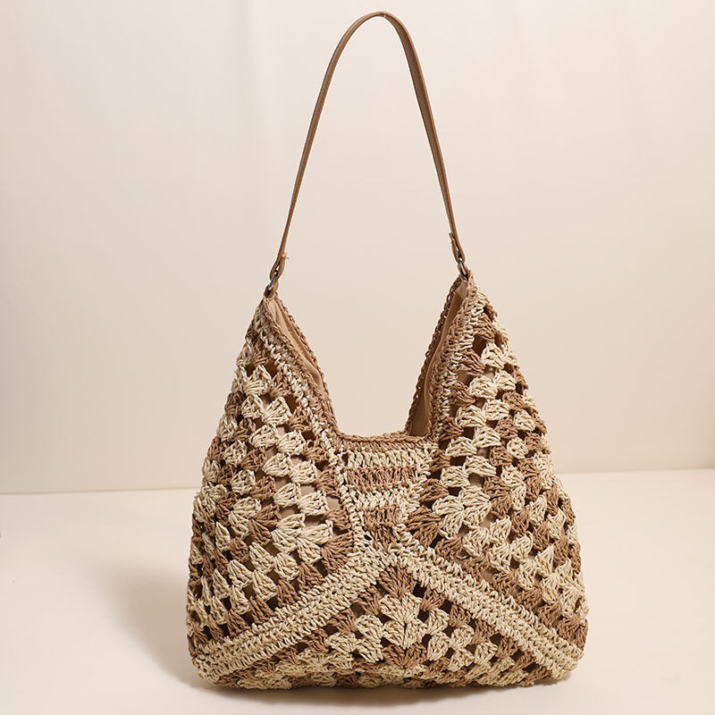 Casual Hollow Out Cutout Shoulder Straw Bag Triangle Large Capacity Straw Bag Woven Bag Vacation Beach Bag Women Bag