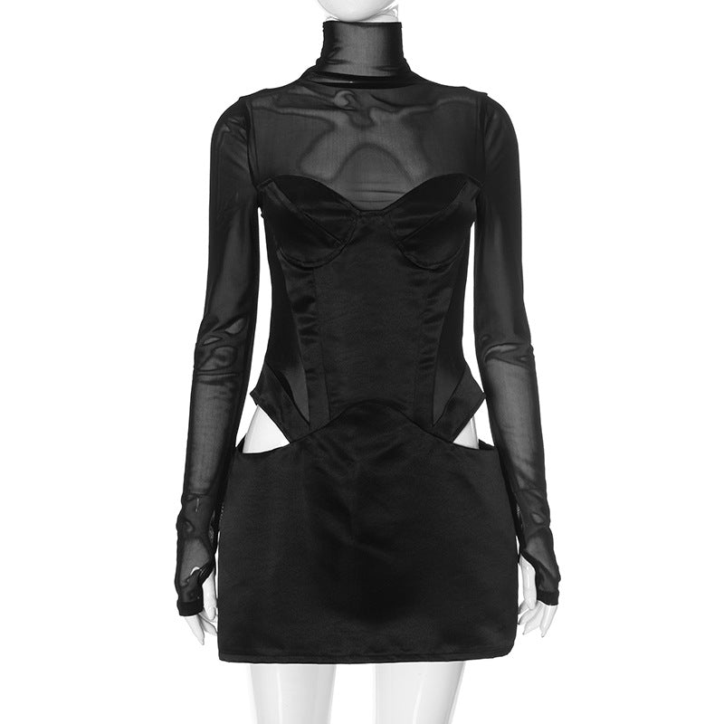 Mesh Patchwork Turtleneck Sexy Slim Hollow Out Cutout Cut Hip