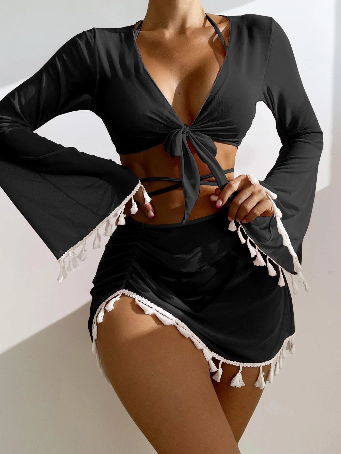 Swimsuit Women Split Three Or Four Piece Suit Solid Color Tassel Lace Up Long Sleeve Internet Celebrity Suit