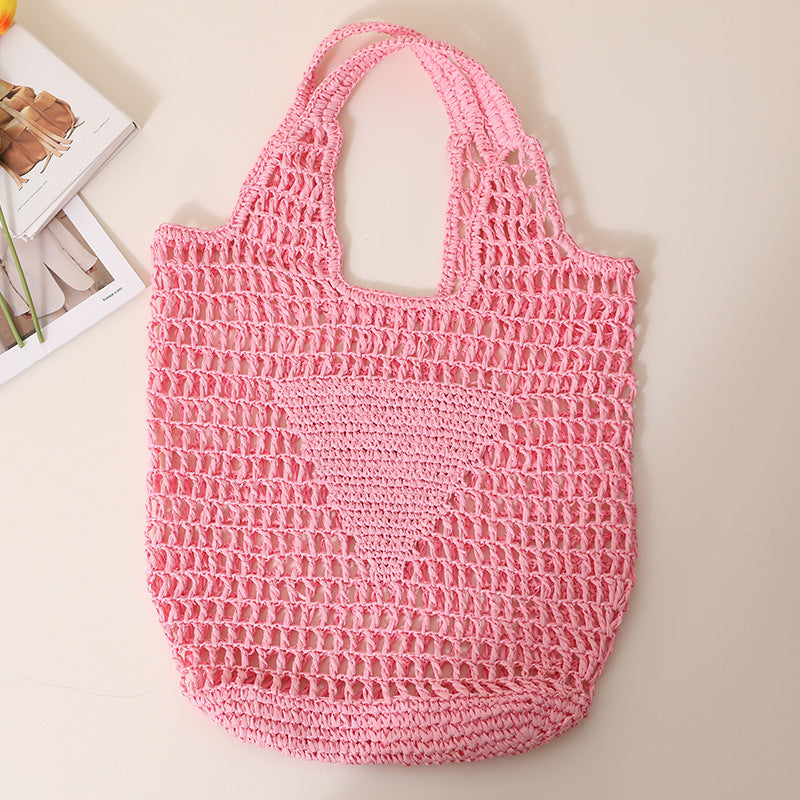 Large Capacity Hollow Out Cutout Straw Bag Fresh Candy Color One Shoulder Tote Woven Bag Portable Women Beach Bag