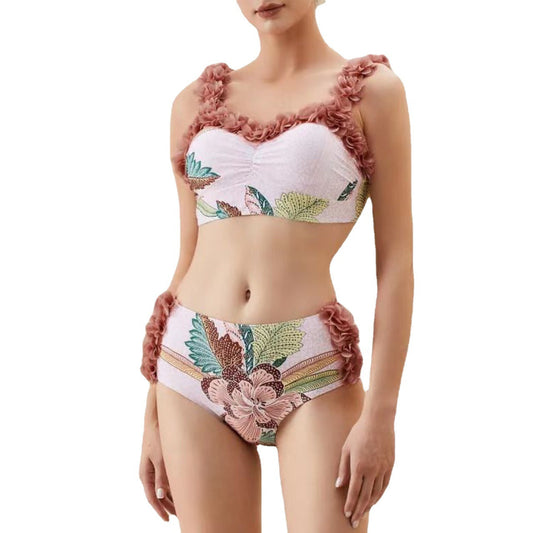 Three Piece Set Swimsuit Customized Printed Steel Bracket Push up Petals Gauze Skirt Swimsuit Women