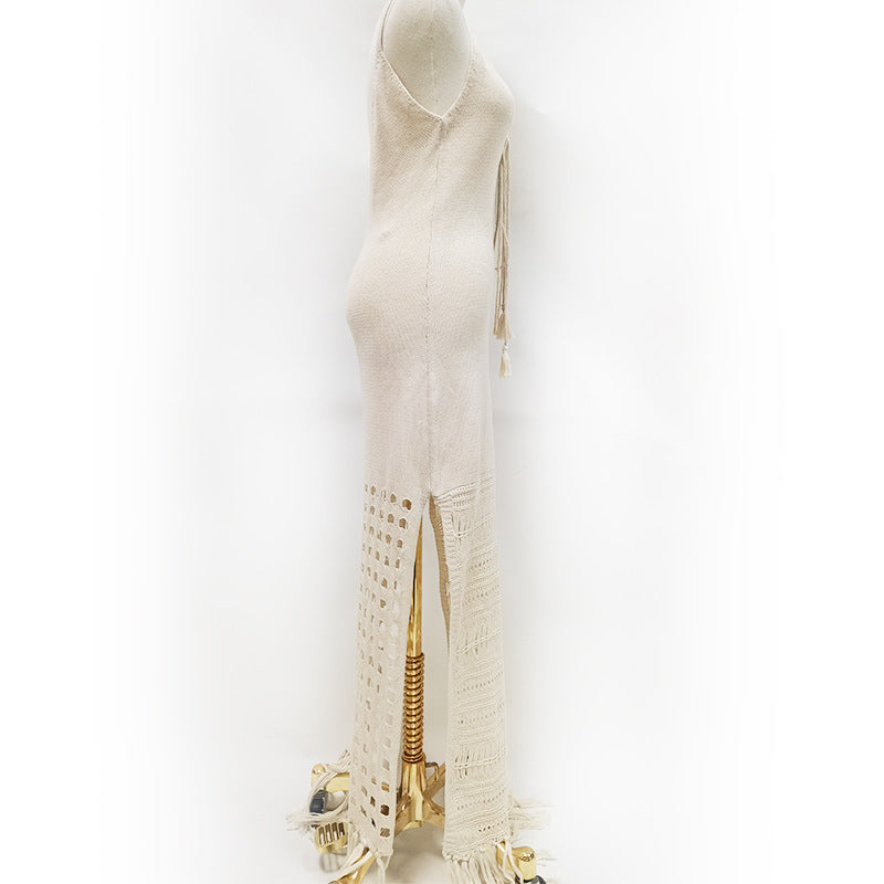 Summer Beach Dress Women Solid Color Spaghetti Straps Knitted Hollow Out Cinched Tassel Midi Dress Swimsuit Blouse Crochet hook