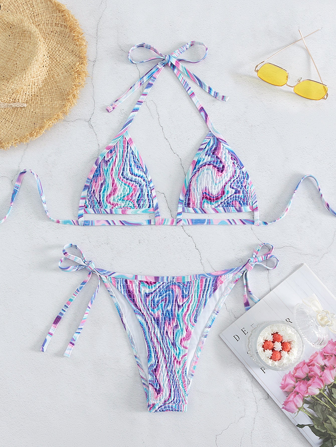 Split Bikini Sexy Backless Halter Bandage Women Swimsuit Swimwear Printing