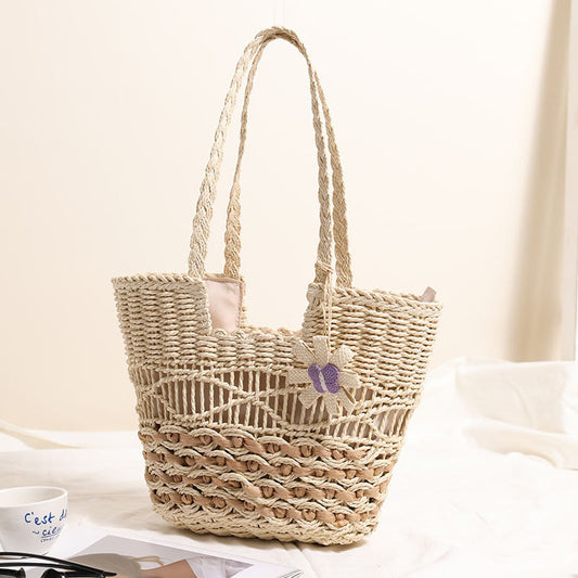 Sac en paille à une épaule ajouré et découpé, sac tissé à fleurs de couleur contrastée, sac de vacances et de plage pour femmes 