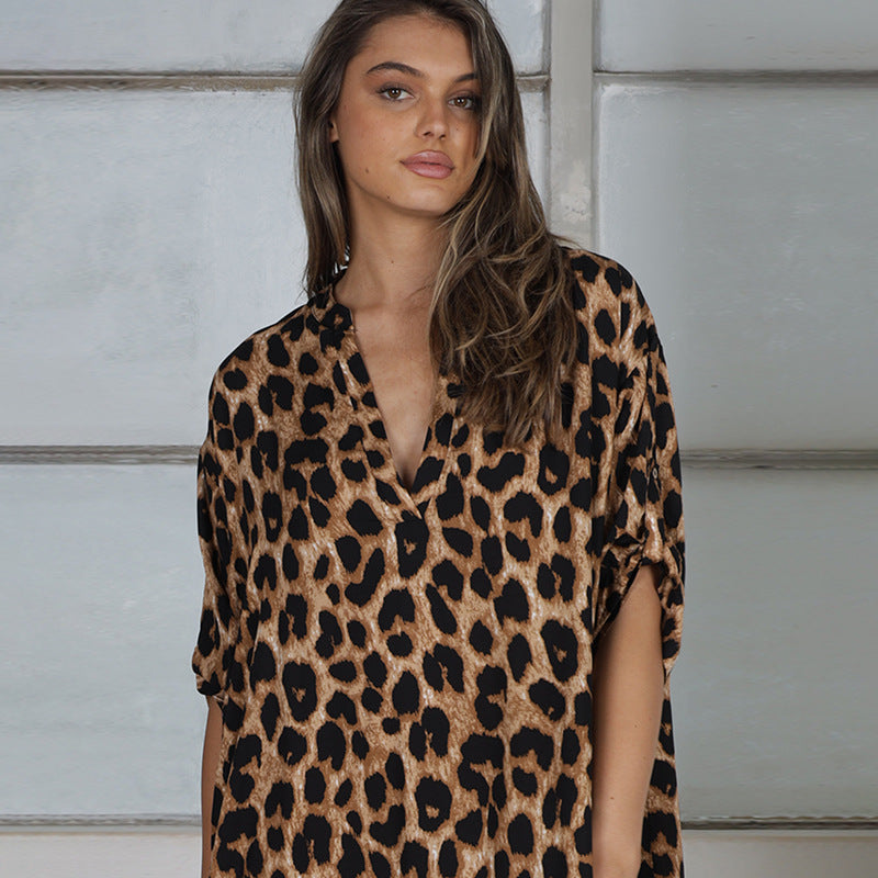 Rayon Stand Collar Leopard Dot Robe Seaside Vacation Dress Loose Bikini Swimsuit Blouse Outer Wear Women