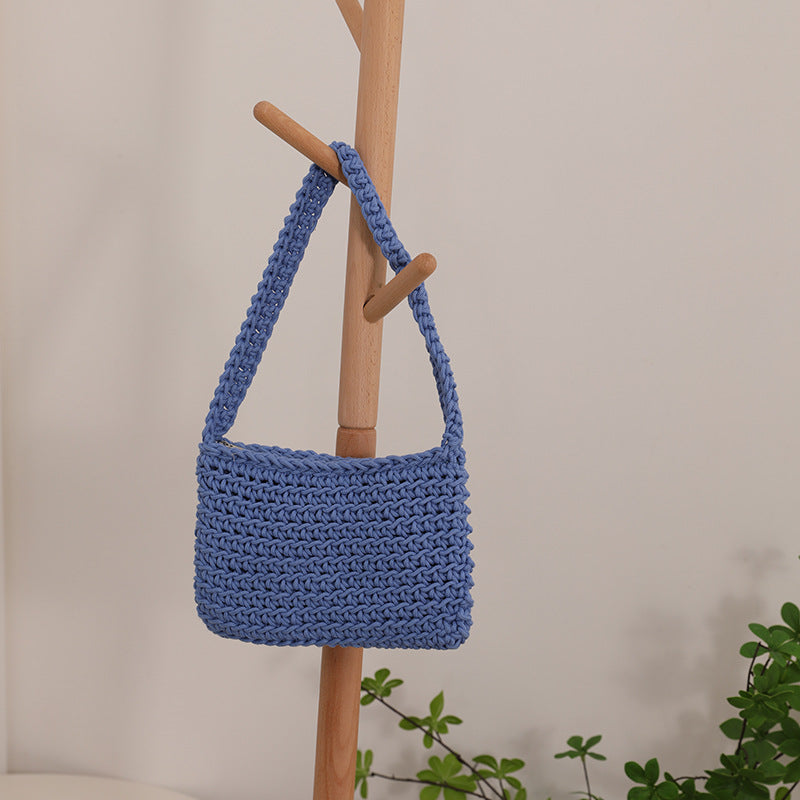 All Match Shoulder Cotton Thread Woven Bag Fresh Square Underarm Bag Straw Bag Solid Color Office Handbag Women