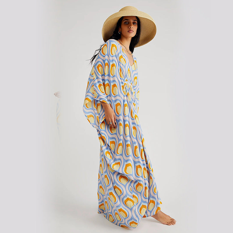 Summer Beach Dress Women Casual Vacation Printed Pullover Bikini Swimsuit Blouse Sun Protection Clothing