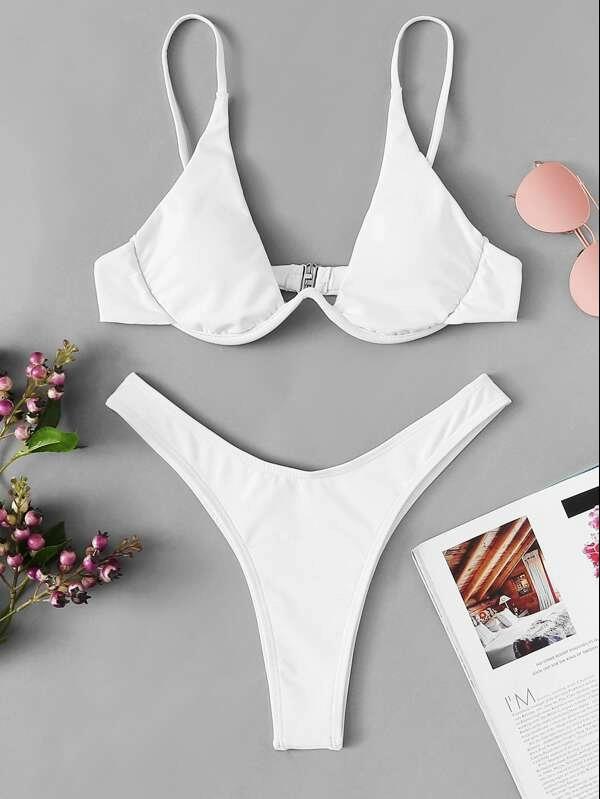 Sexy Bikini Split Gathering Steel Bracket Solid Color Swimsuit Women