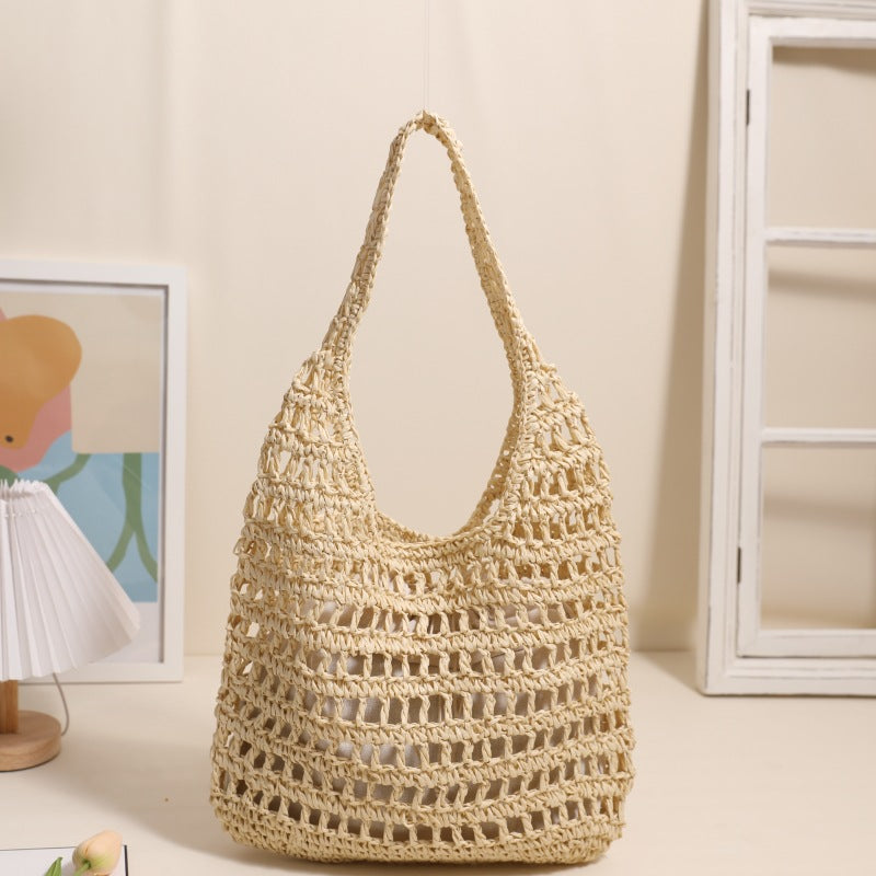 French Large Capacity Shoulder Straw Bag Hollow Out Cutout Tote Portable Straw Bag Woven Bag Seaside Vacation Beach Bag
