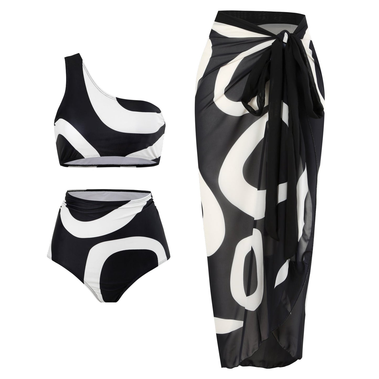 Retro Split Swimsuit Sexy One Shoulder Swimwear Chiffon Beach Skirt Set