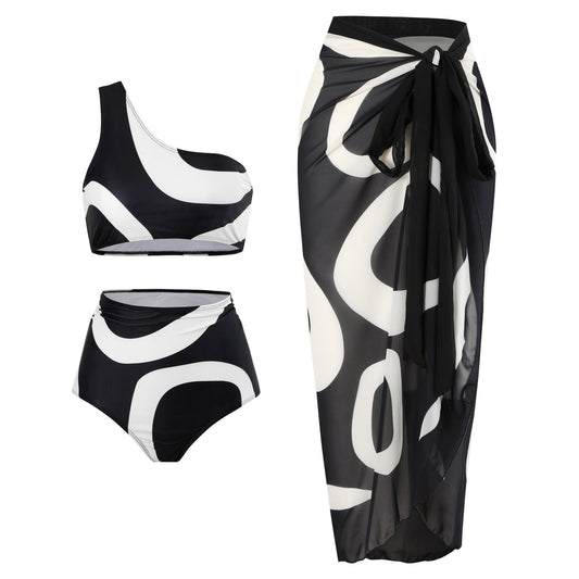 Retro Split Swimsuit Sexy One Shoulder Swimwear Chiffon Beach Skirt Set