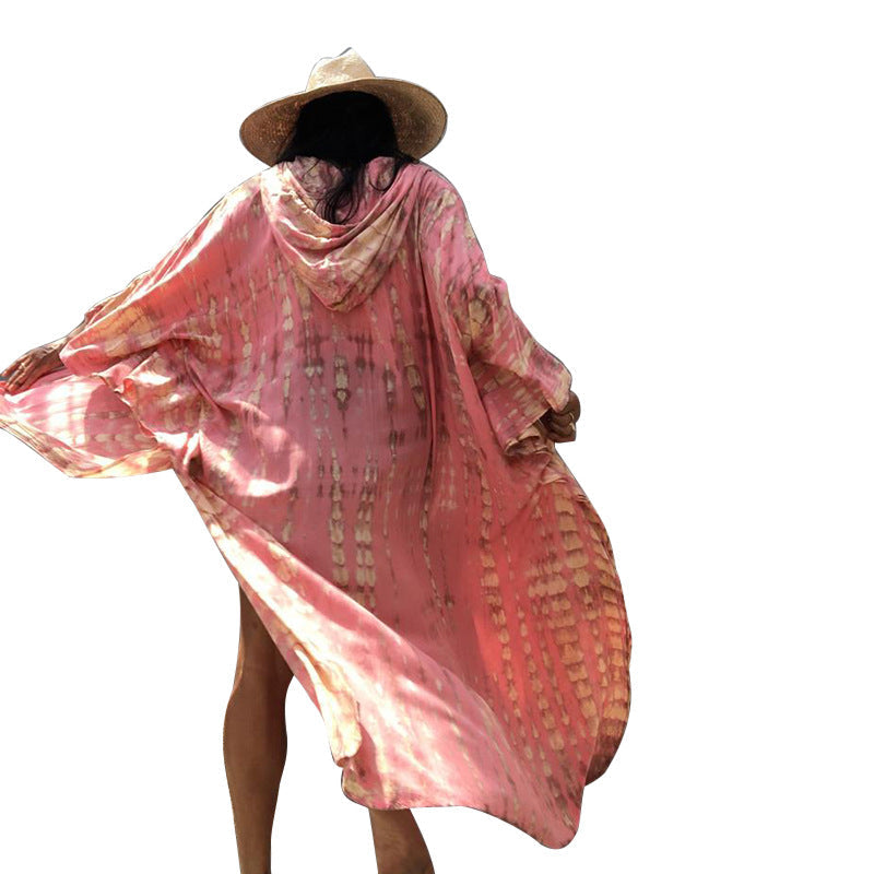 Sunscreen Cardigan Hooded Printed Long Sleeve Long Beach Vacation Swimsuit Outwear Blouse