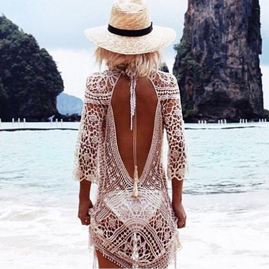 Sexy Hollow-out Bare Back Lace Crochet Bikini Sun Protection Clothing Swimsuit Blouse Beach Shirt for Women