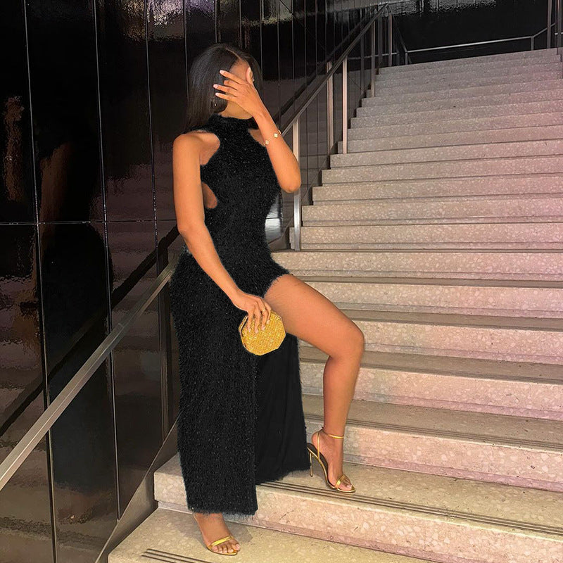 Halter Fur Texture Split Backless Dress Women Sexy Slim Fit Hip