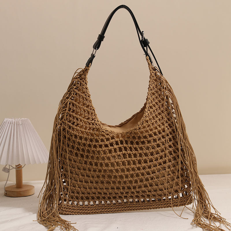 Tassel Shoulder Straw Bag Hollow Out Cutout Woven Bag Seaside Vacation Beach Bag Large Capacity Straw Bag
