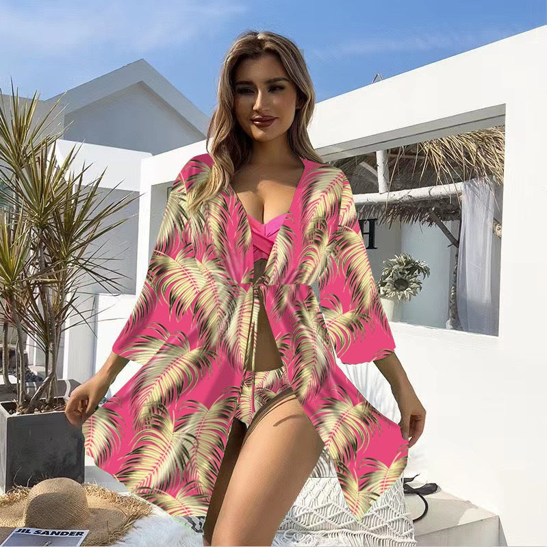 Bikini Three Piece Set Sunscreen Swimwear Mult Color Printed Long Sleeved Swimsuit for Women