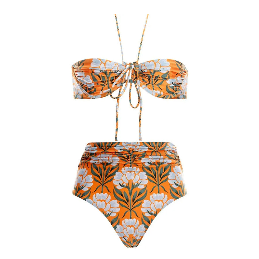 Printed High Waist Split Swimsuit Women Halter Banded Bikini Yarn Skirt Set