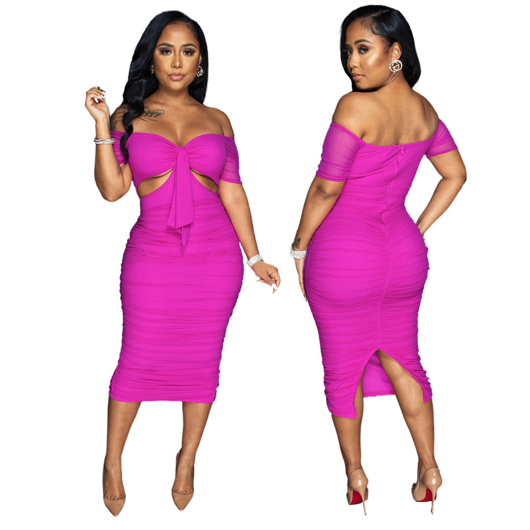 Women Clothing Nightclub Uniforms Mesh Pleats Split off-Shoulder Sexy Dress