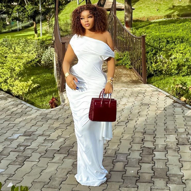 Women Clothing Solid Color Raglan Sleeve Dress Diagonal Collar Casual Ribbon Pullover