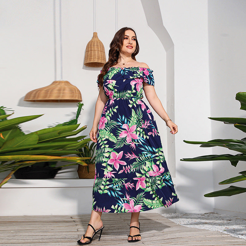 Plus Size Beach Holiday Long Beach Dress off the Neck Tube Top Color Printed Dress