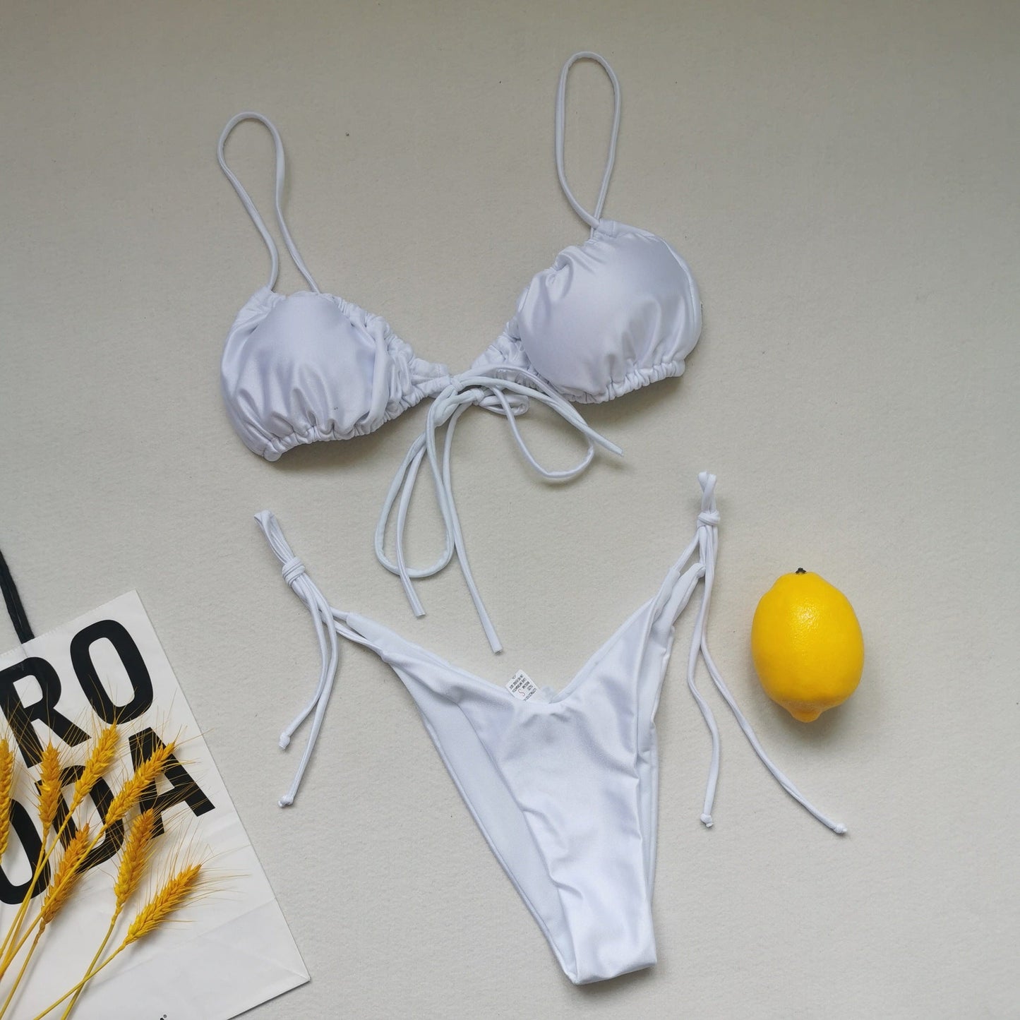 Sling Bandage Swimsuit Women Pleated Push up Drawstring Sexy Solid Color Bikini Swimsuit