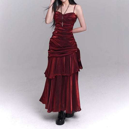 Dark Red Suspenders Dress Concert Birthday Dress High Grade Party Little Dress