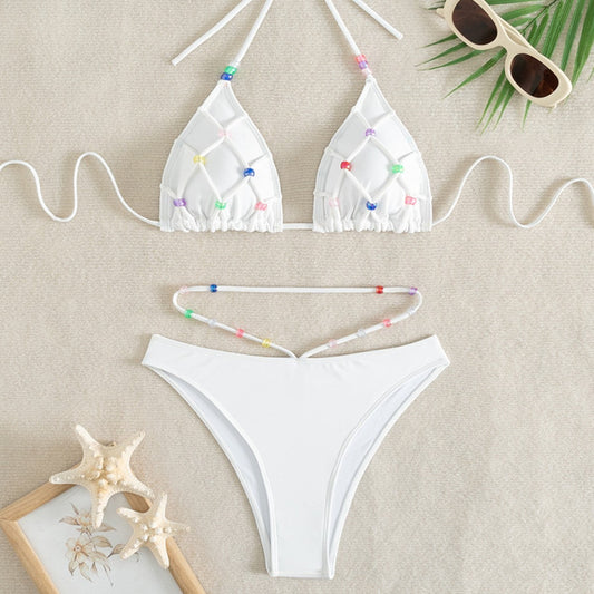 Swimsuit Pearl White Lace up Bikini Sexy Triangle Bag Beach Bikini