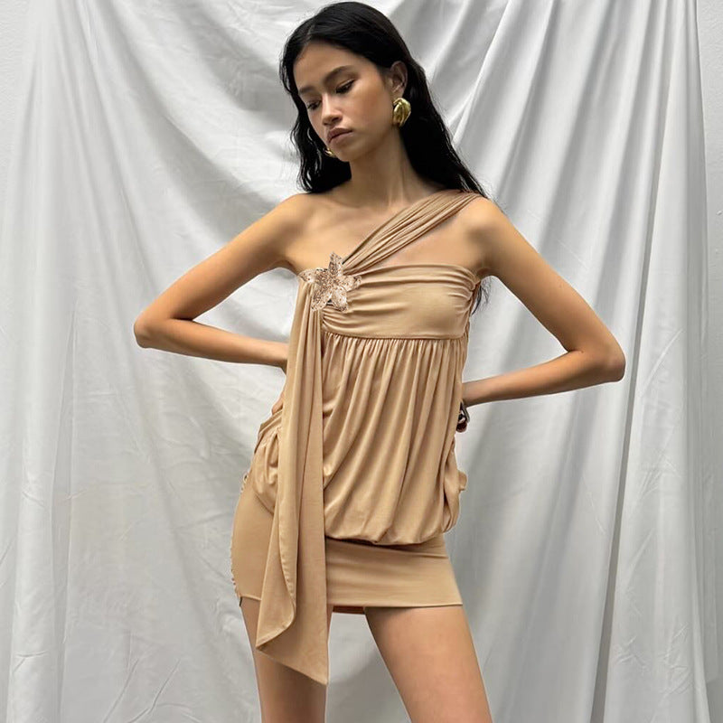 Women Clothing Summer Sexy Solid Color Oblique Shoulder Floral Chest Cover Hip Dress